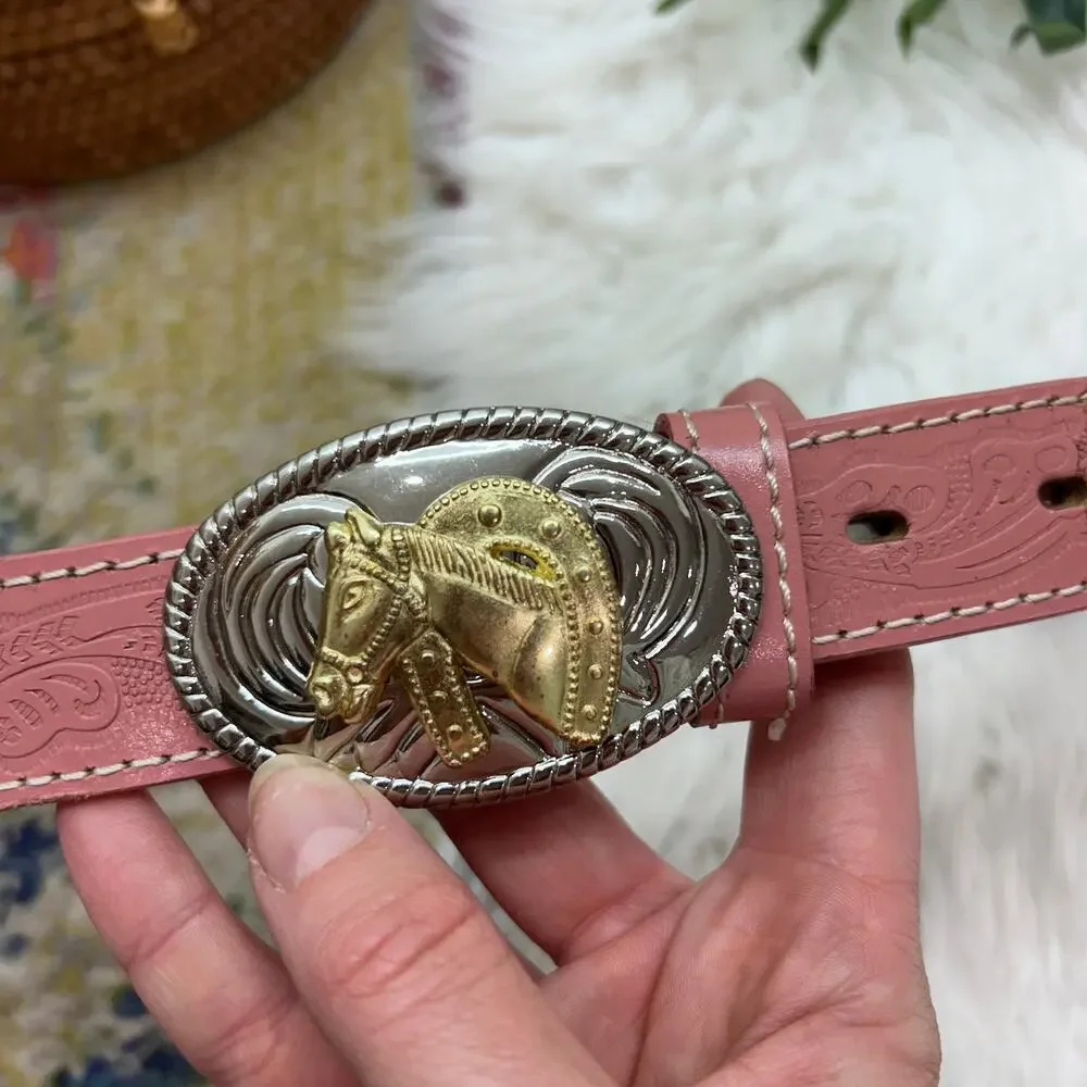 Nocona Pink Leather Belt Girls 28 Silver Gold Horse Buckle Western Cowgirl